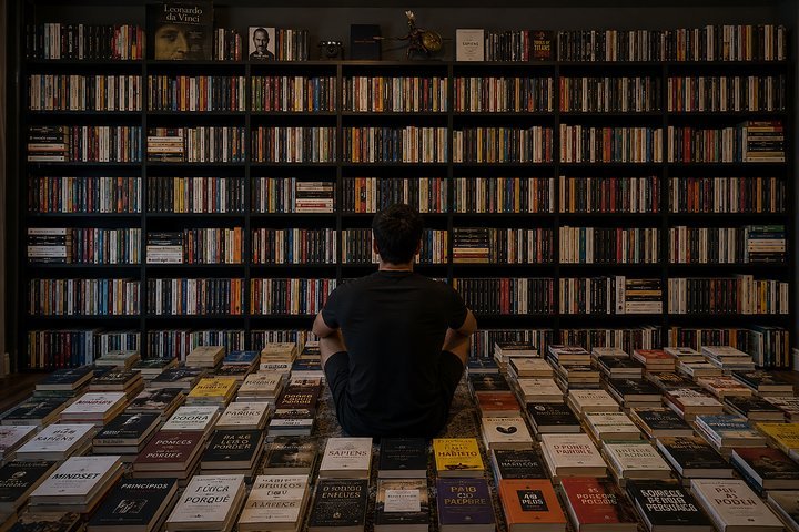 Jean diante da biblioteca pessoal